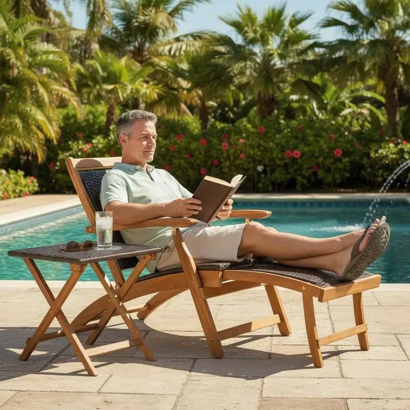 2-teiliges Gartenmöbel-Set: Klappbare Rattan-Liegestühle mit Akazienholztisch