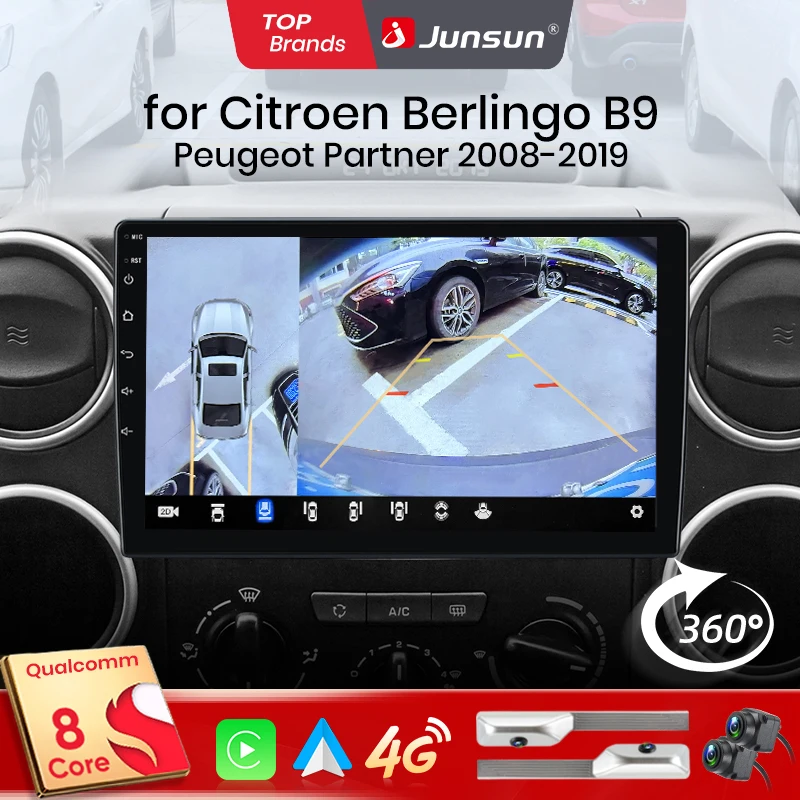 Junsun Qualcomm 8-Kern 360 ° Optionale Kamera, CarPlay, Android Auto Autoradio für Citroen Berlingo B9, Peugeot Partner 2008 - 2019, 2-DIN-Systeme, Stereo, GPS, SWC, Bluetooth, FM, RDS, DSP, IPS-Bildschirm, intelligente Fahrzeugsysteme,... Image