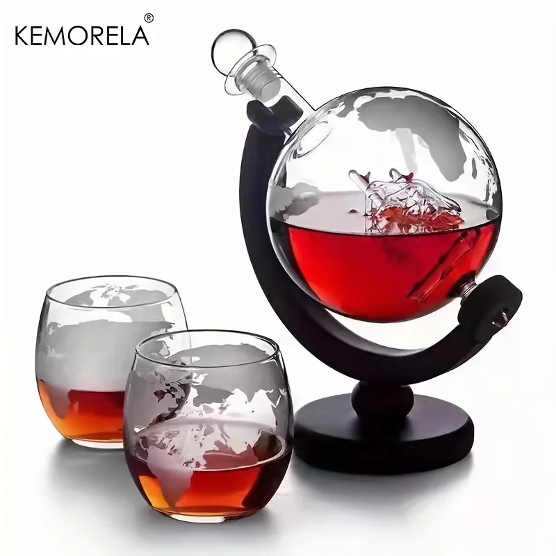 900 ml kreatives Globus-Dekanter-Set mit bleifreier Karaffe, exquisiter Holzständer und 2 Gläser, Whisky-Dekanter, Geschenk in Globusqualität