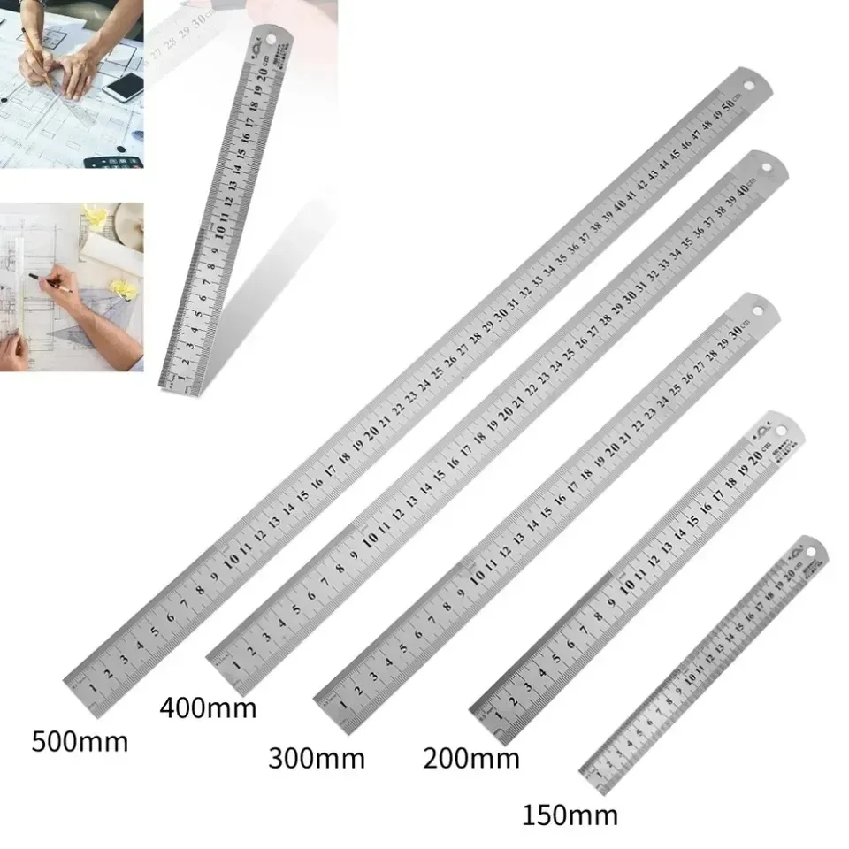 Règle droite en métal, règle en acier inoxydable, fournitures de papeterie, outils de dessin, outils à main, outil de mesure de précision double face
