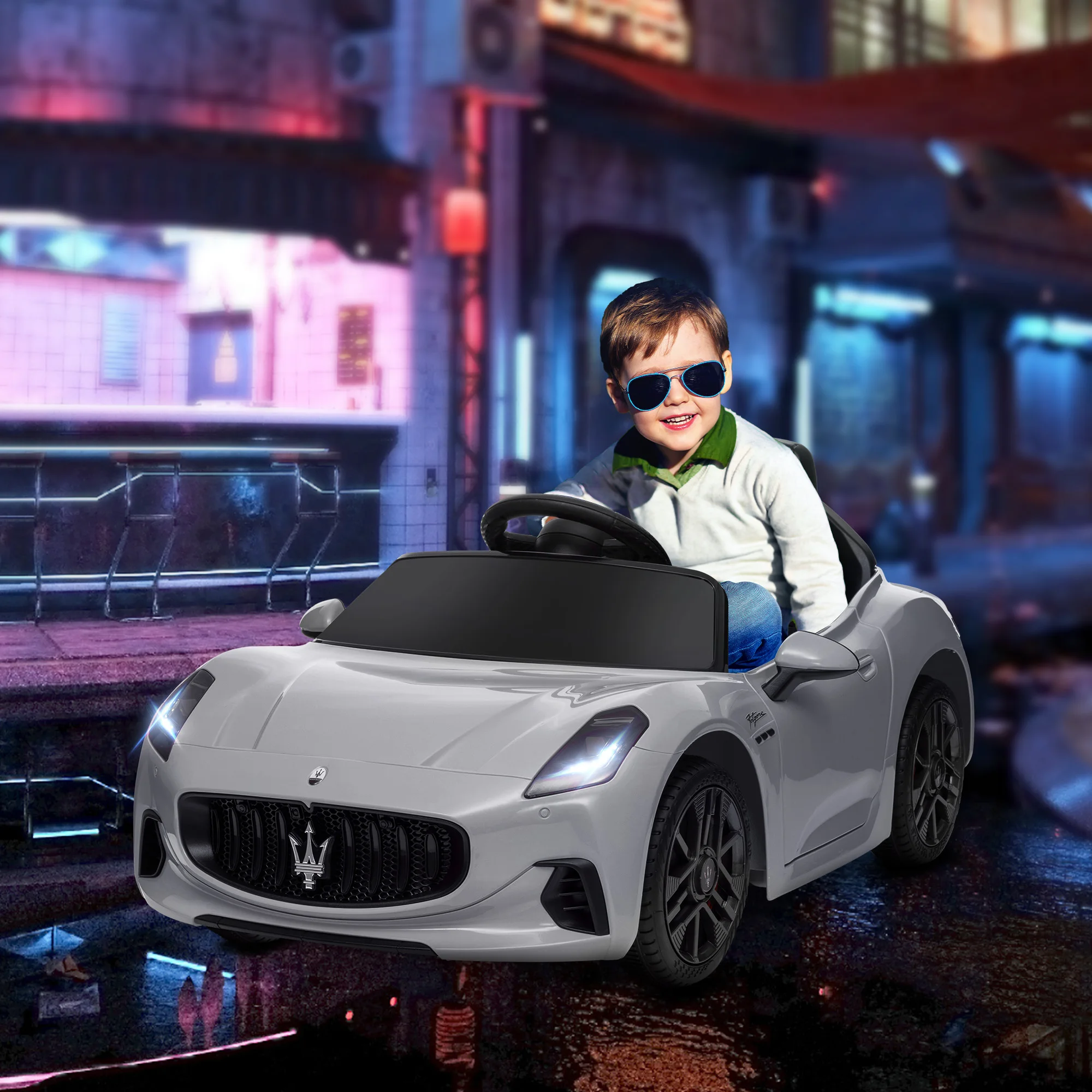 AIYAPLAY Voiture électrique pour enfants 12V Voiture pour enfants 2,4 GHz télécommande 2 moteurs Gris
