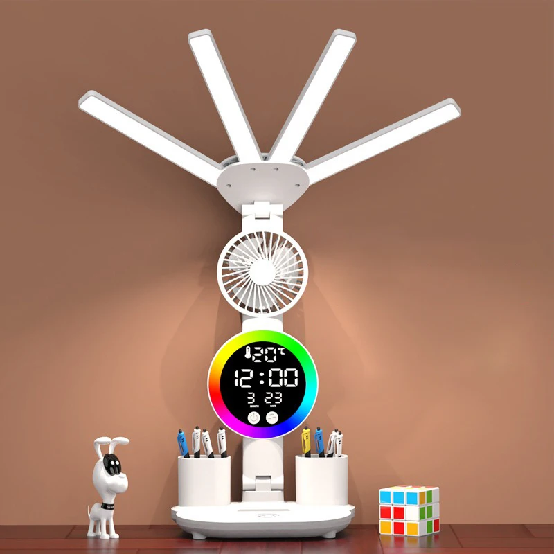 Lampe de Table Rechargeable pour étude, lampe de bureau lampe de lecture lampe de Table Led avec ventilateur, lampe de lecture d'affichage d'horloge Led
