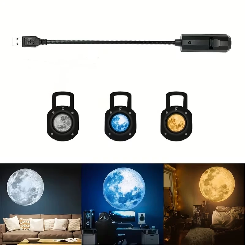 Lampe projecteur ciel étoilé USB, lampe lune avec diapositives jaunes, blanches et bleues, lampe décorative pour chambre à coucher, lampe d'ambiance, lampe de nuit