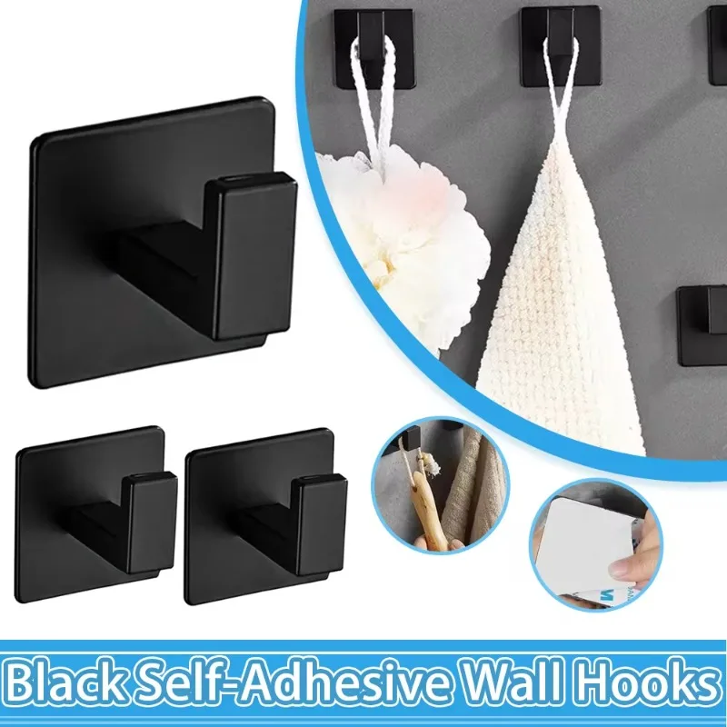 Crochets muraux adhésifs noirs pour Robe de salle de bains, 1 à 4 pièces, crochet pour serviette, porte-manteau, clés, cintre pour vêtements, salle de bains, accessoires de quincaillerie de cuisine