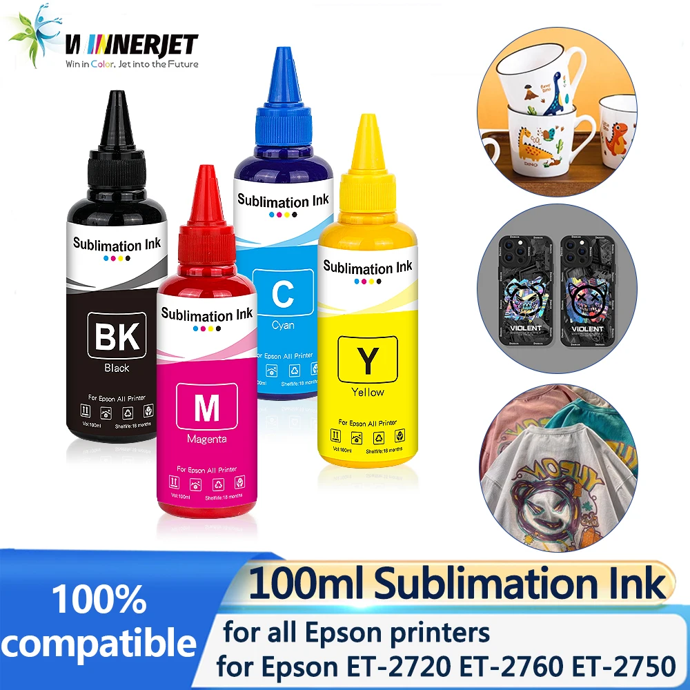 Encre de sublimation Winnerjet 100ML, 4 couleurs/ensemble pour imprimante Epson ET-1800 ET-1810 ET-2750 ET-2751 ET-2756 ET-2800