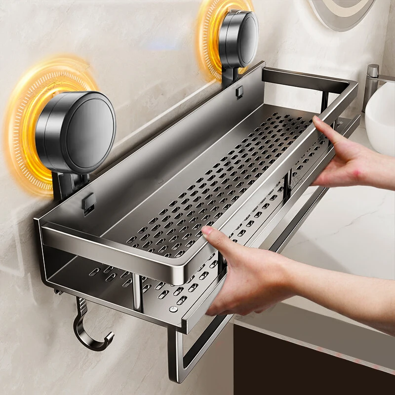 Support de salle de bain à ventouse sans perceuse, étagère de salle de bain, espace de toilette, support suspendu en aluminium, organisateur de salle de bains à accrocher au mur
