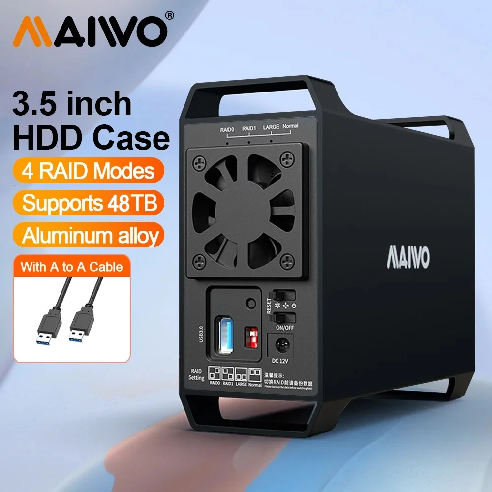 MAIWO boîtier de disque dur double baie 3.5 pouces boîtier de disque dur SATA vers USB 3.0 boîtier externe de disque, quatre Modes RAID avec ventilateur pour boîtier de PC