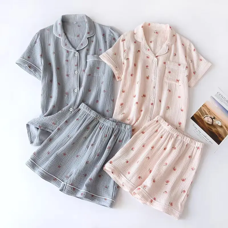 Ensemble pyjama Short à manches courtes pour femme, tissu crêpe 100% coton, fin, Service à domicile, deux pièces, ample, printemps et automne, été 2025
