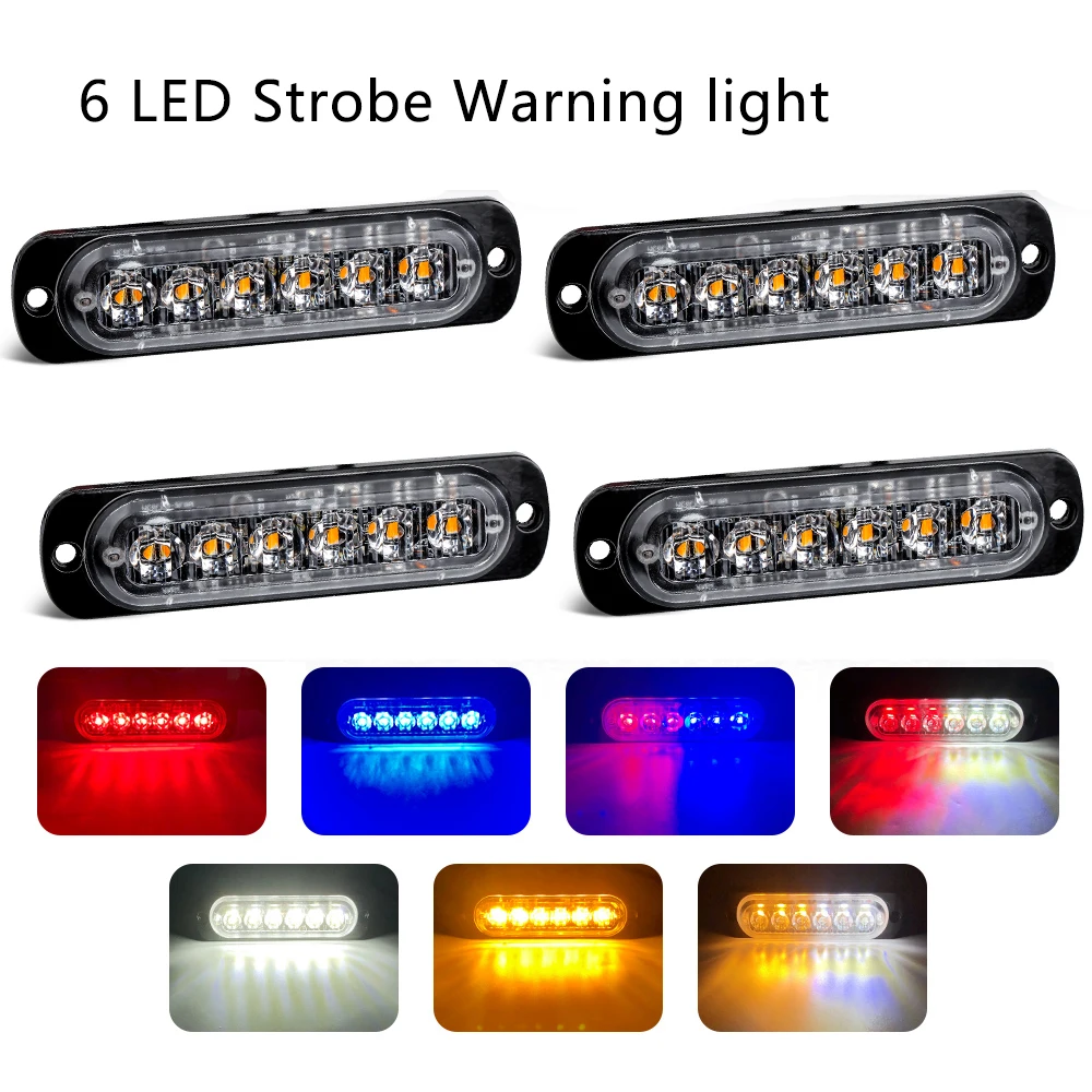 Lumière stroboscopique à LED pour voiture, lumière de calandre clignotante, lumière de secours, lumière d'avertissement à 6LED, lumières de police, lumière stroboscopique pour camion, 12V, 24V