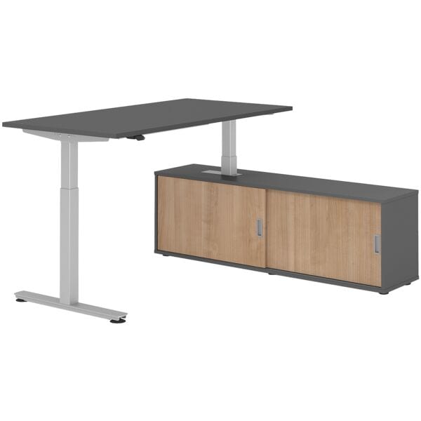 HAMMERBACHER Schreibtisch höhenverstellbar (elektrisch) inkl. Sideboard »Alicante« 160 cm T-F grau, 160x120x80 cm Image