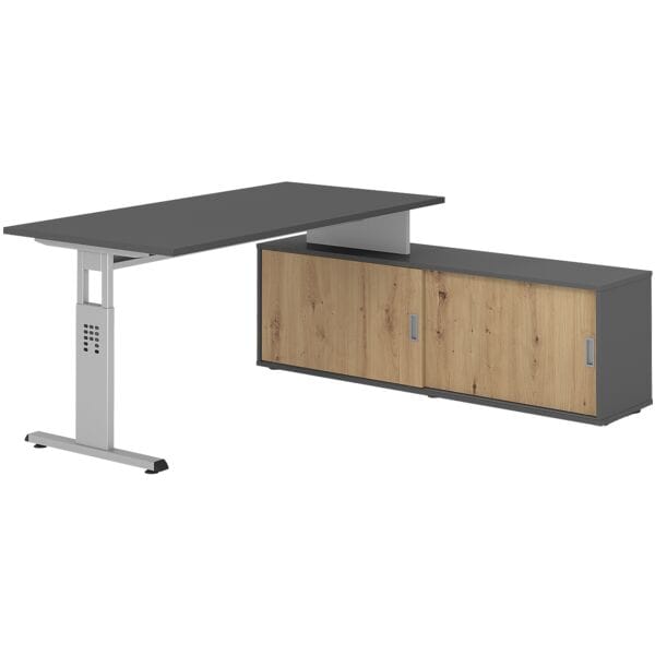 HAMMERBACHER Schreibtisch höhenverstellbar (manuell) inkl. Sideboard »Alicante« 160 cm Gestel grau, 160x78x80 cm Image