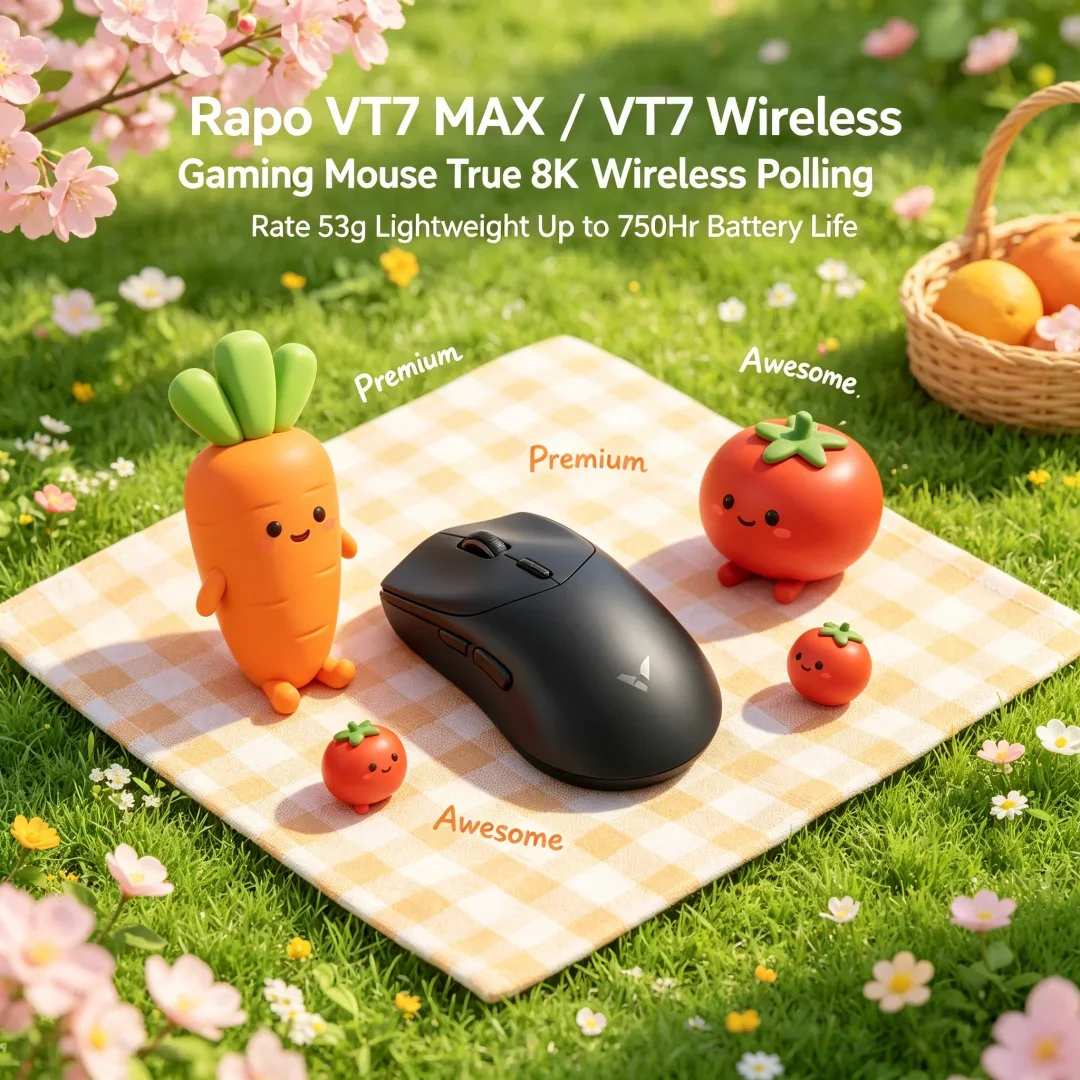 Luxuriöse Rapoo VT7 MAX /VT7 kabellose Esports-Maus, echte 8K-Wireless-Pollingrate, 53 g, ultraleicht, bis zu 750 Std. Dauerbetrieb mit Akku Image