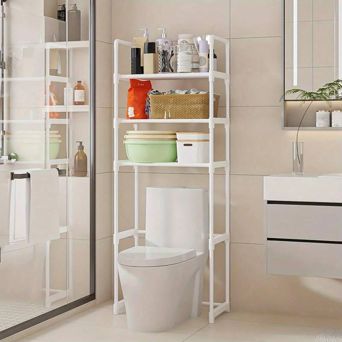 1 étagère de rangement pour salle de bain sur le 3ème étage, étagère de salle de bain au-dessus du siège des toilettes, plateforme de rangement pour salle de bain, plateforme de rangement