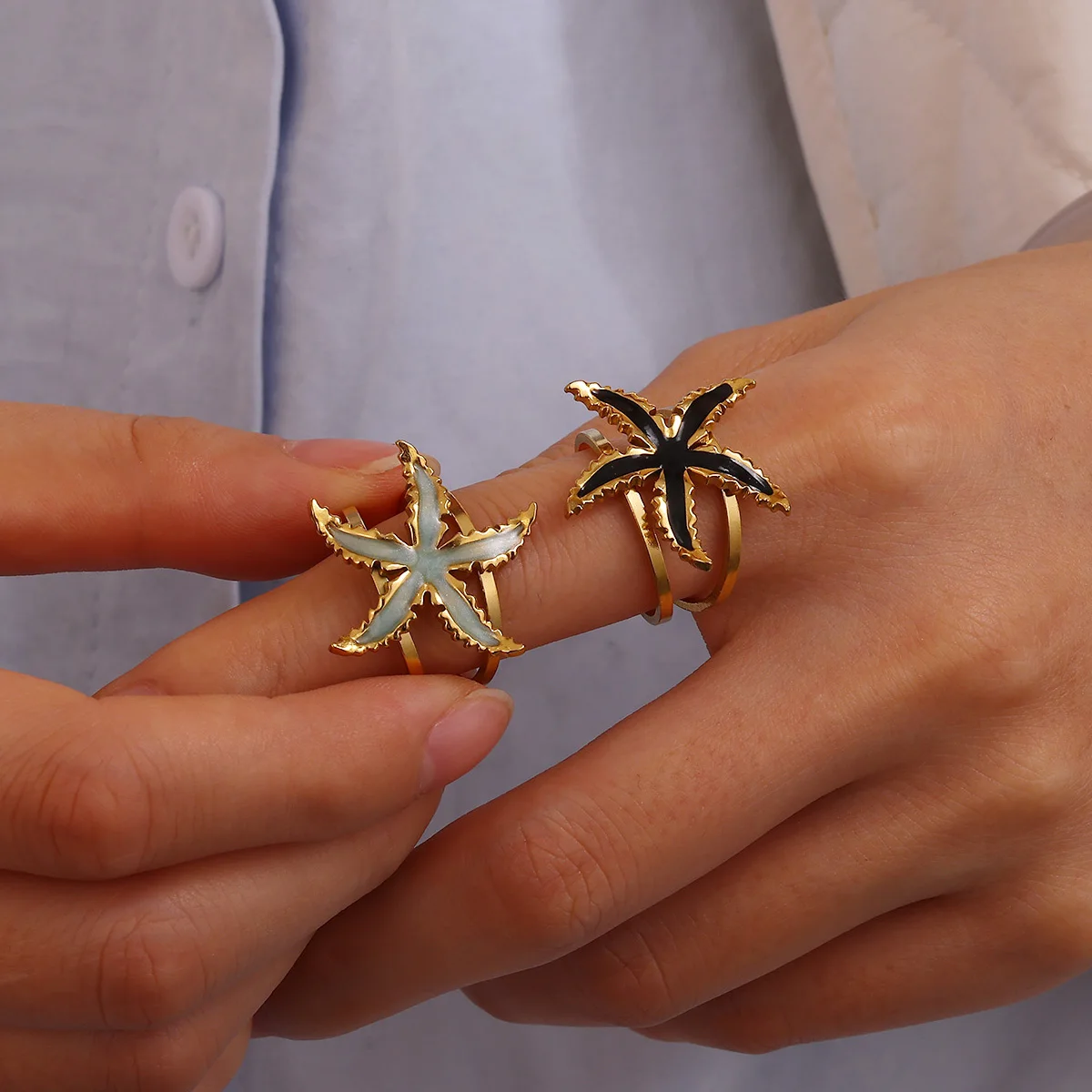 Vintage Seestern-Ringe im Ozeanstil, Modische Goldfarbene Ringe für Damen, Rostfreier Stahl, Exquisites Wasserfestes Schmuck-Accessoire, Geschenk Image