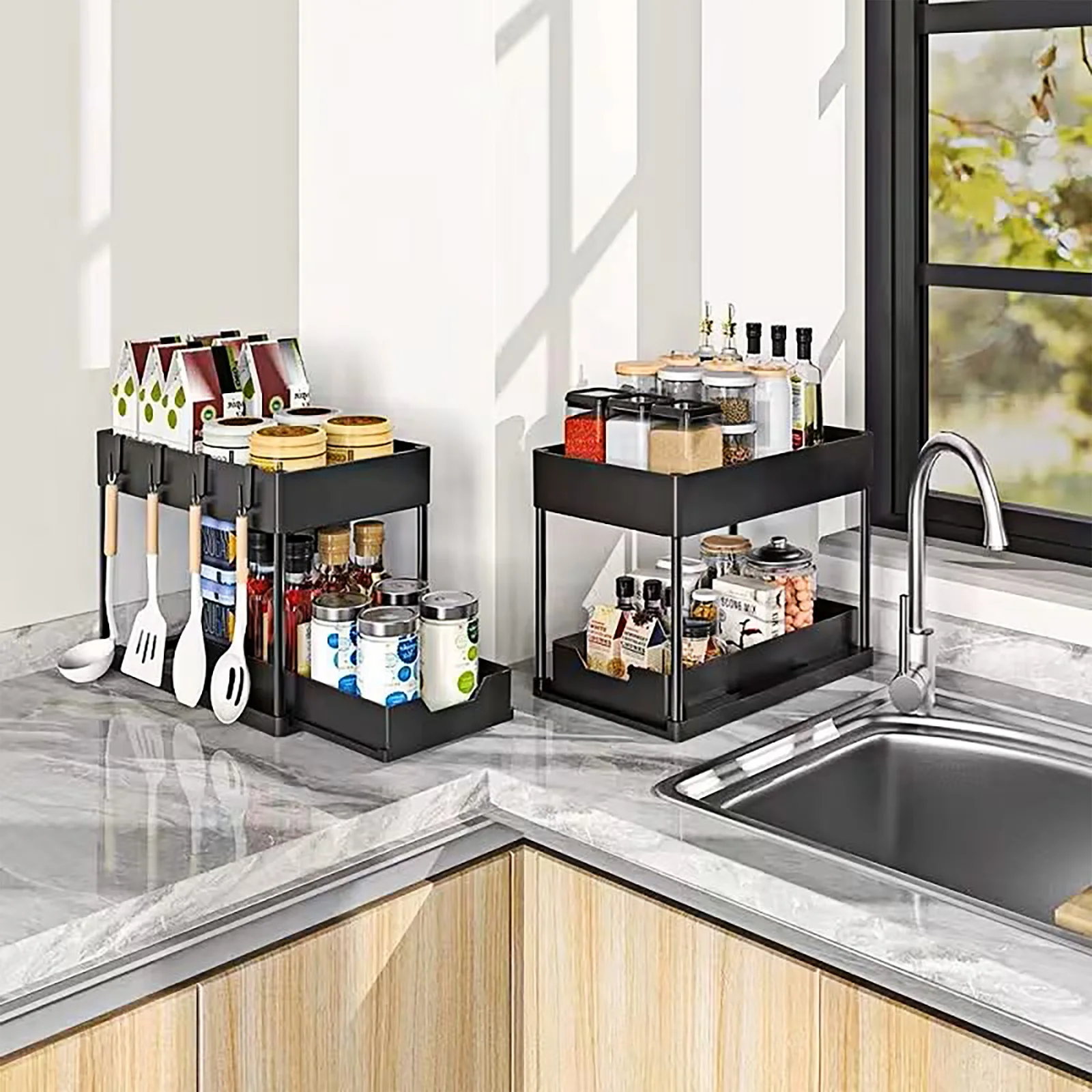 Spülenschrank-Organizer, 2-stufiges Standregal, U/R-Unterschrankregal, einfache Montage, Küchenarbeitsplattenregal