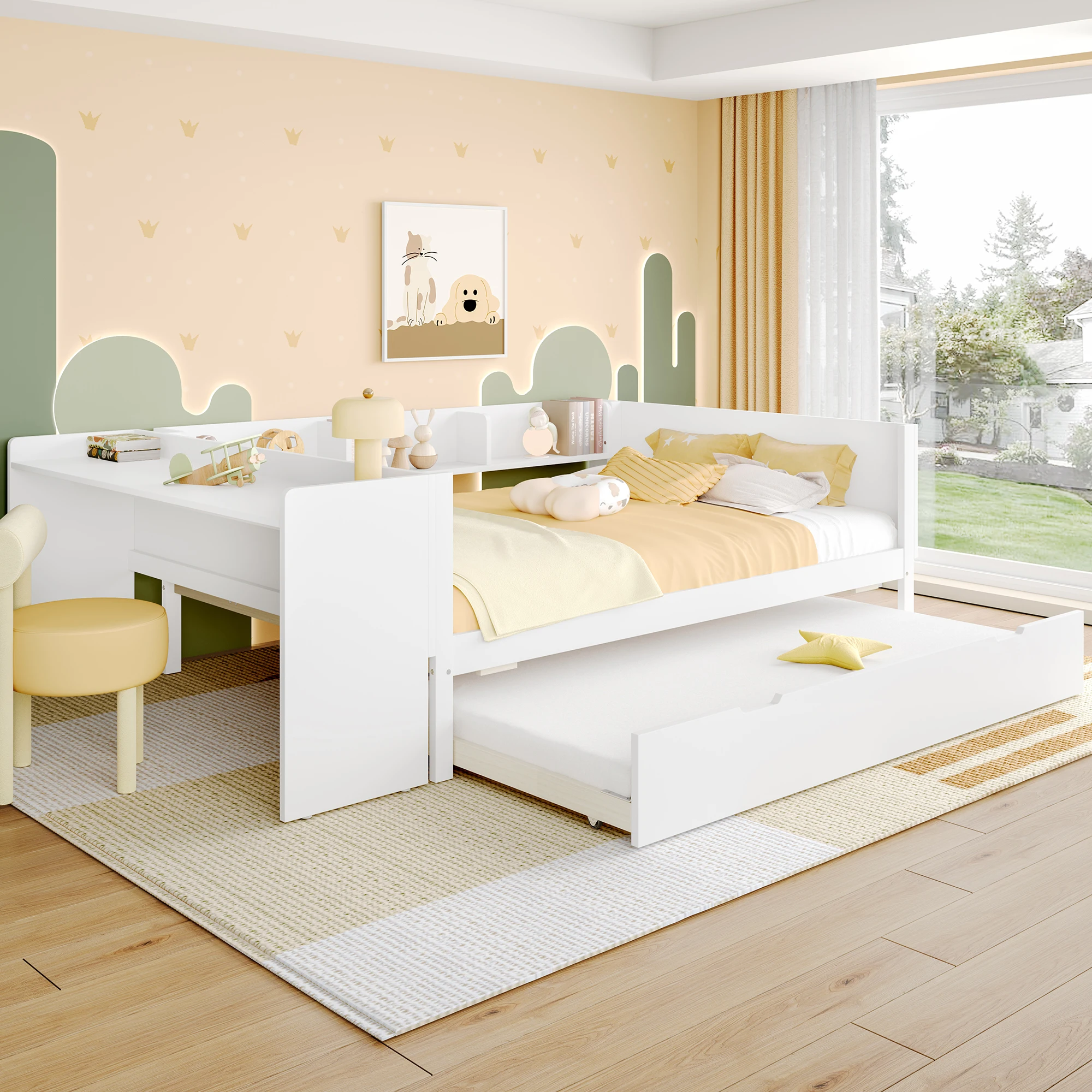 Kombibett, 2 Plätze, Schreibtisch, Ausziehbett und 3 Regale, 140×200 cm und 90×190 cm, ohne Matratze - Weiß Image