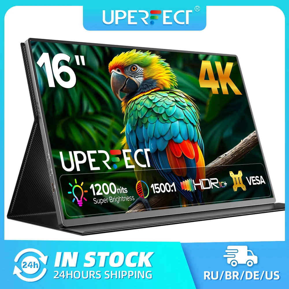 UPERFECT Tragbarer 4K-Monitor, 16 Zoll, 3840 x 2400 IPS, 1500:1, 1200 Nits, USB-C, HDMI, Computer-Gaming-Display mit Lautsprechern, DC Eyes Care, Reisebildschirm für PC, Telefon, PS5/4, Xbox Switch Image