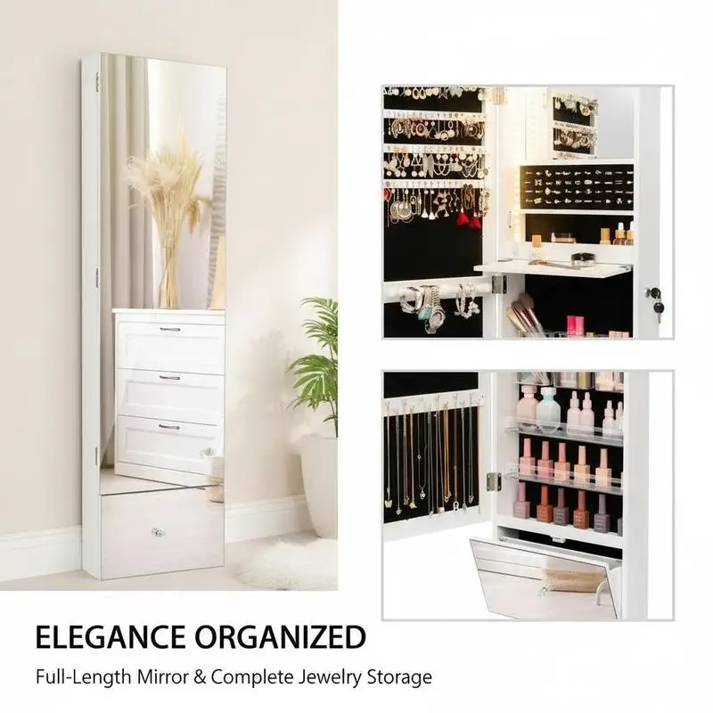 3-in-1 Wandmontierter Schmuckschrank mit Ganzkörperspiegel, 3-Farben, Großer Stauraum, MDF-Schmuckschrank, Schminktisch-Organizer für Schlafzimmer
