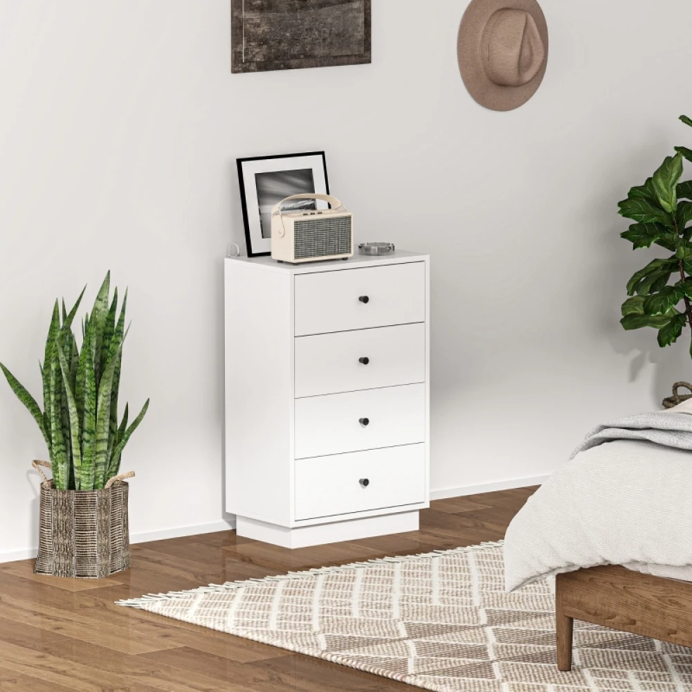 Credenza con 4 cassetti, mobile contenitore effetto legno in stile moderno, cassettiera, comò per soggiorno, camera da letto, corridoio, 47 x 29 x 75 cm, bianco