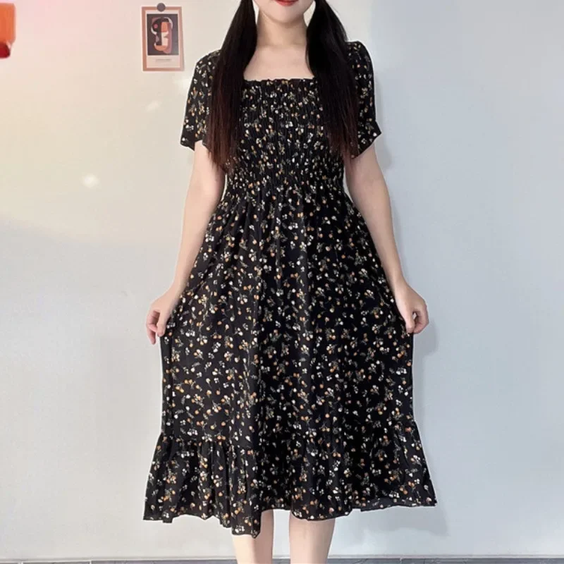 Frühling Sommer Elastische Taille Kurzarm Chiffon Kleid Frauen Casual Kleider Weibliche Gedruckt Floral Midi A-Line Kleider Vestidos Image