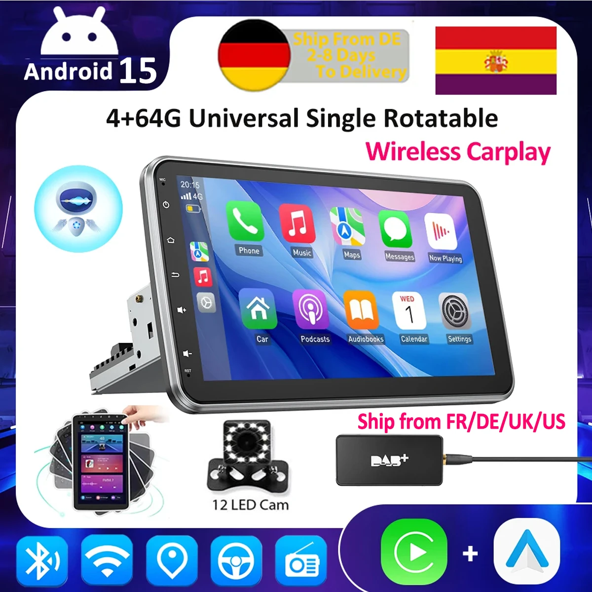 ESSGOO Universal 10-Zoll Auto-Radio Android 15 Autoradio Carplay Drehbarer Bildschirm Bluetooth FM-Radio-Empfänger GPS Automotive Stereo Image