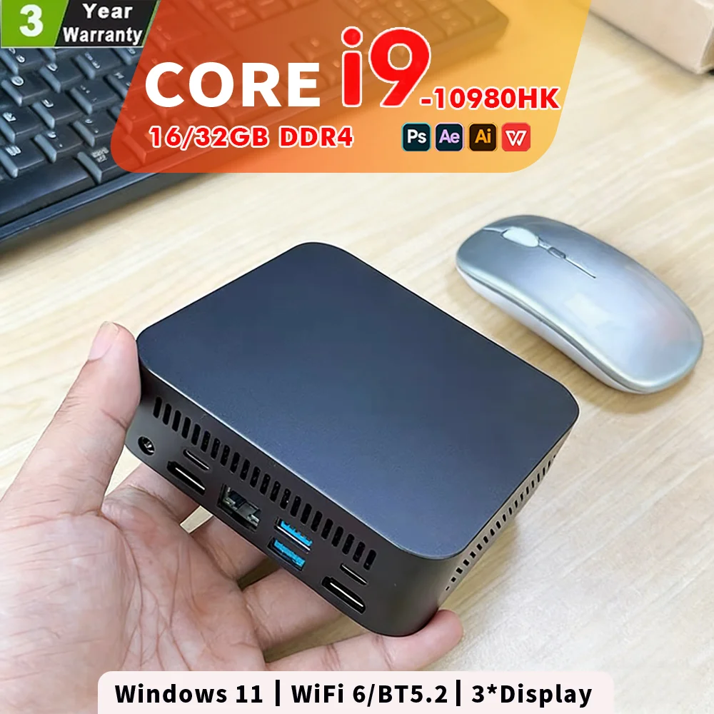 NEUER Core i9-10980HK Tragbarer Mini-PC Computer Windows 11 16GB/32GB DDR4 1/2TB SSD Gaming-Computer WiFi 6 Büro-Mini-Desktop