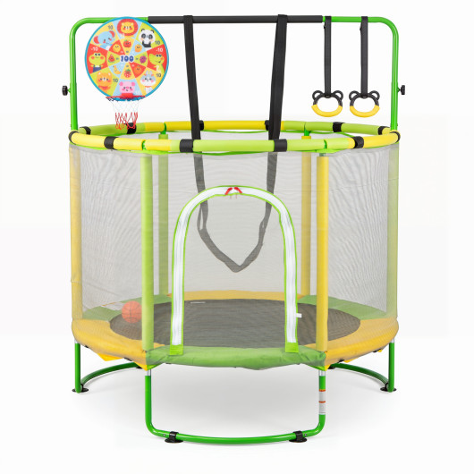 Costway 55"" Trampoline for Kids with Adjustable Gymnastics Bar and Basketball Hoop for 3+-Yellow