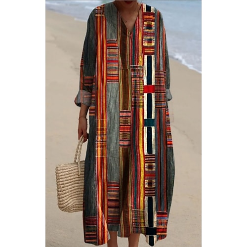 Damen Maxikleid Sommerkleid A Linie Kleid Urlaub Lässig Boho Strand Ausgehen Grafik Geometrisch Langarm V Ausschnitt Blau Dunkelbraun Regenbogen Sommer Frühling Herbst Winter Image