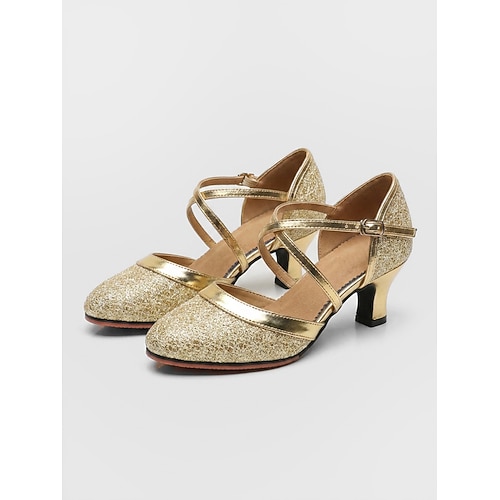 Silberne, glitzernde Damen-Ballsaal-Tanzschuhe – elegante, geschlossene Latein-Pumps mit gekreuzten Riemen für Walzer, Tango und Foxtrott Abendtanz Image