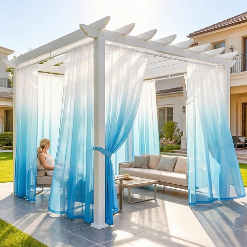 Transparente Outdoor-Gardine für Terrasse, 1-teilig, wasserdicht, mit Stangendurchzug, Farbverlauf, Voile-Gardine für den Innenbereich, geeignet für Wohnzimmer, Schlafzimmer, Veranda, Pergola, gelb, B Image