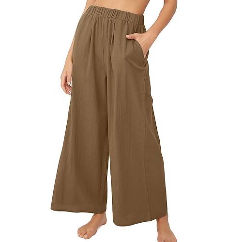 Damen Baumwolle Weites Bein Mode Streetwear Lässig Volle Länge Hohe Taille Einfach Tasche Elastischer Bund Bequem Komfort Weich Dehnbar Outdoor Urlaub Straße Blau Aprikose Schwarz Weiß Sommer Image