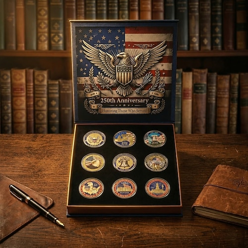 9-teiliges US-Gedenkmünzen-Set zum 250. Jahrestag, patriotische Militärmünzen-Sammlung mit Präsentationsbox, Erinnerungsstück zum Unabhängigkeitstag Amerikas (1776–2026). Image
