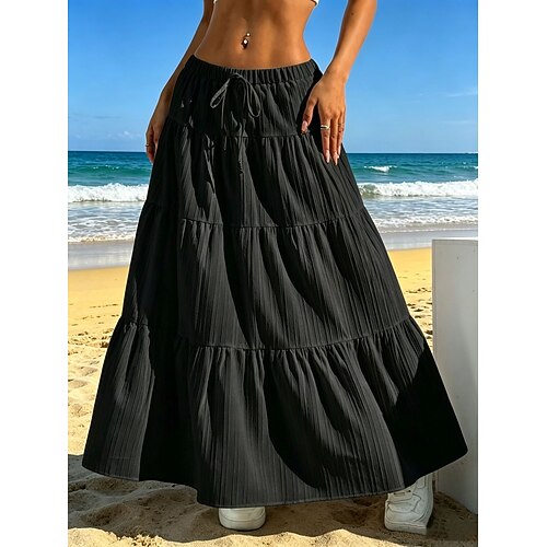 Damen Urlaubsrock Elegant Bohemien Midi Hohe Taille Röcke Dunkelbraun Schwarz Weiß Rosa Sommer Image