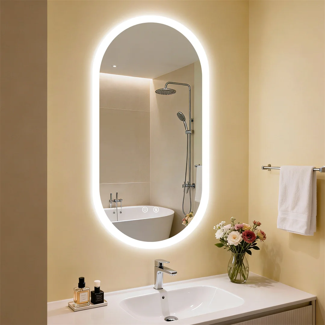 LUVODI Wandmontierter Hintergrundbeleuchteter Badezimmerspiegel, Ovaler Gehärteter Glas-LED-Beleuchteter Schminkspiegel mit Speicherfunktion Antibeschlag IP44
