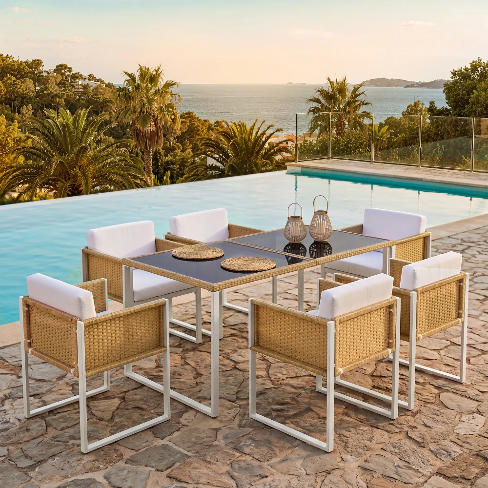 6-Sitzer Garten-Essgruppe aus Polyrattan mit abnehmbaren, waschbaren Kissen