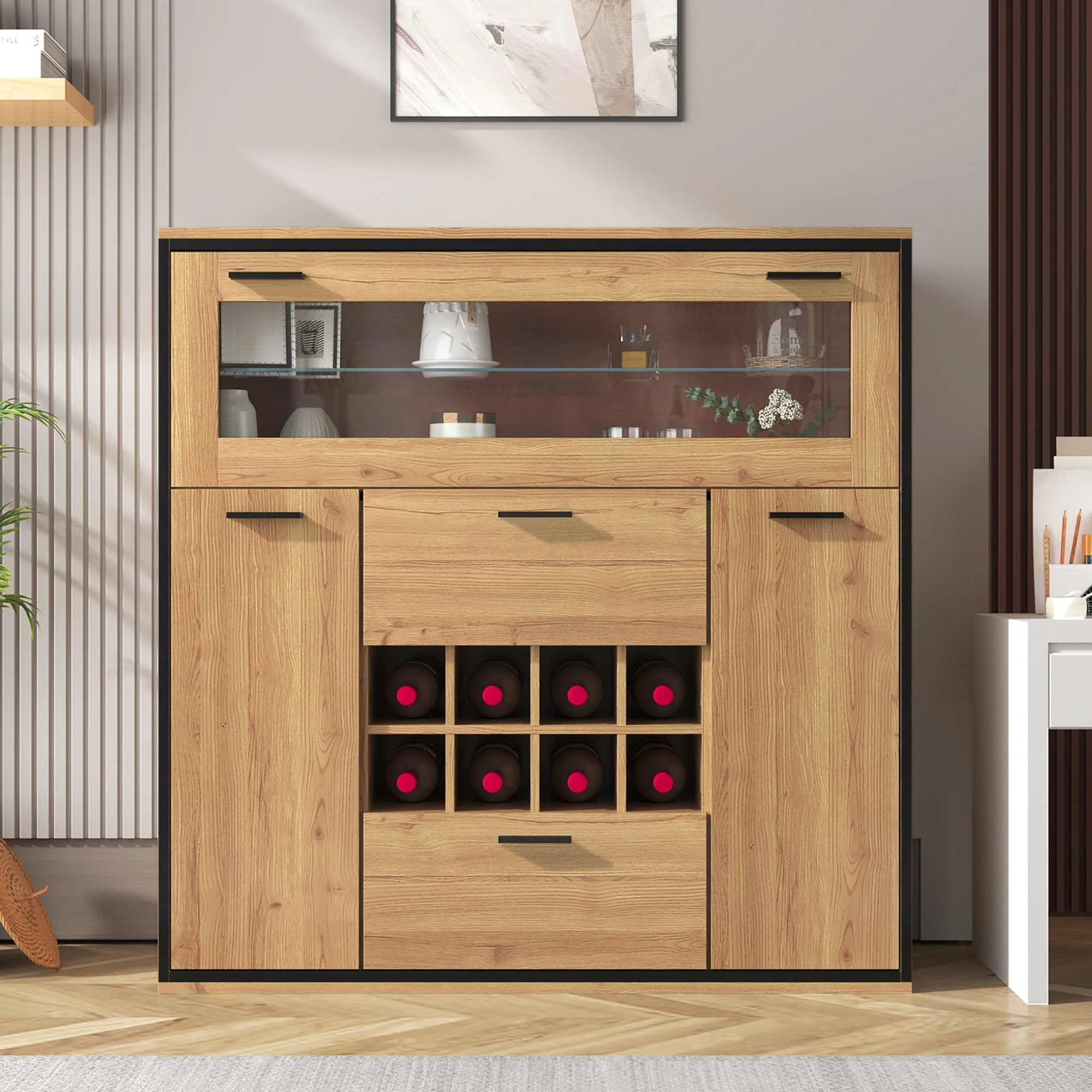 Buffet avec vitrine en verre, meuble bar multifonctionnel/meuble d'appoint/vitrine/meuble de rangement avec casier à vin intégré, mobilier pour salle à manger, salon, cuisine, petits appartements et