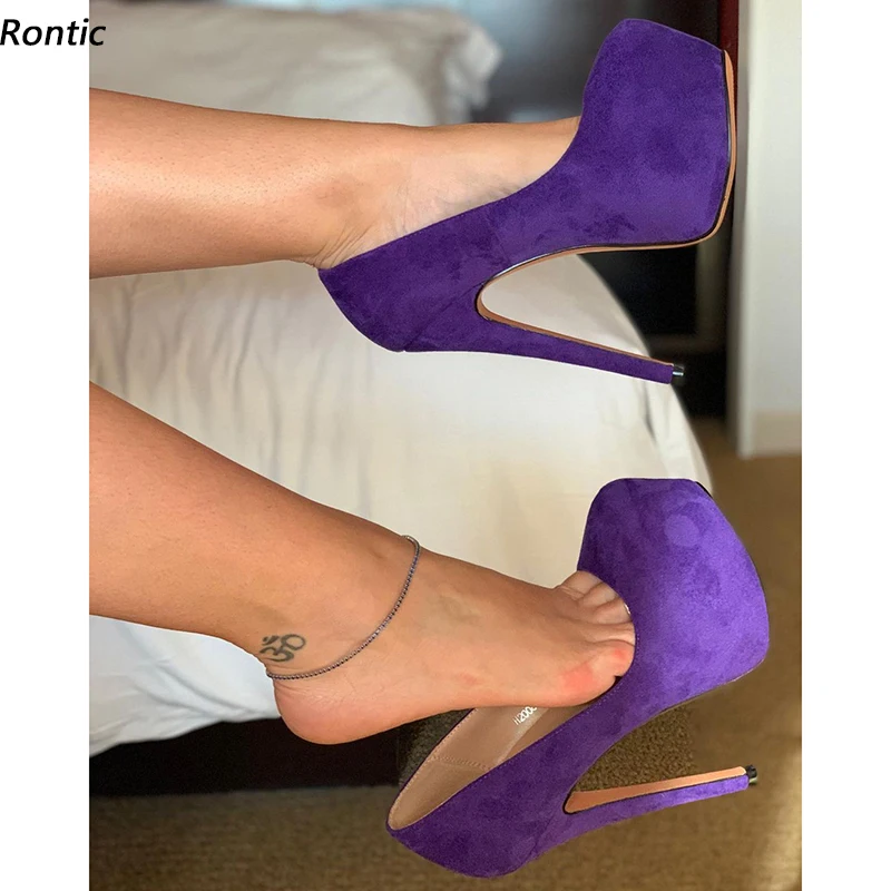 Rontic handgemachte Damen-Plateau-Pumps aus Wildlederimitat, sexy Stiletto-Absätze, runde Zehen, wunderschöne lila rote Kleidschuhe für Damen, US-Größe 5–20