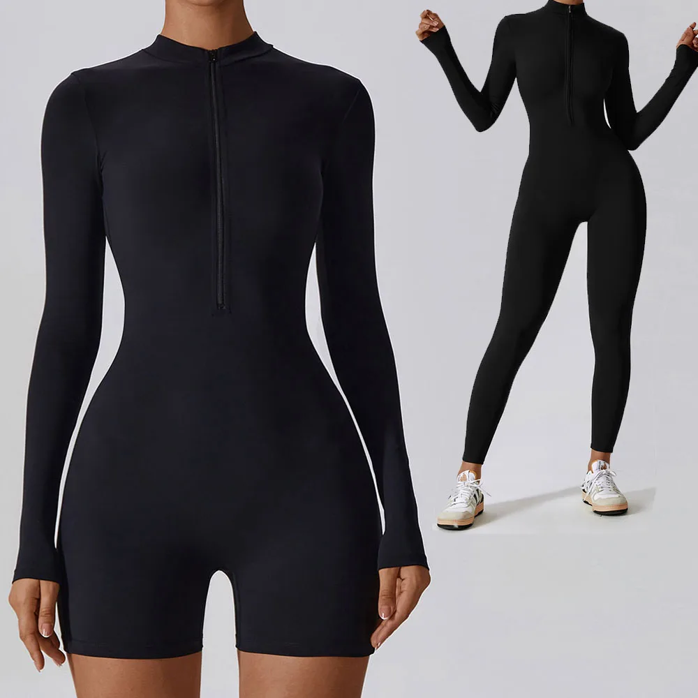 Combinaison de yoga sans couture pour femme avec fermeture éclair, ensemble de sport, combinaison de fitness à manches longues, tenue de sport élastique pour l'entraînement en salle de sport