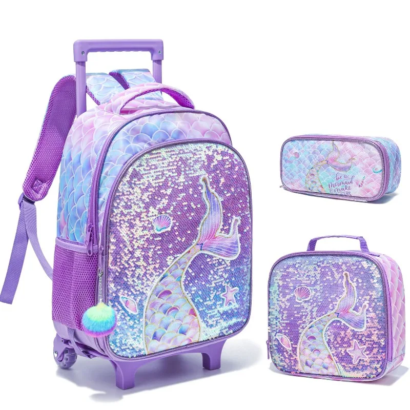 Sac à dos à roulettes pour filles, 3 pièces, motif sirène, avec paillettes, sac d'école à roulettes, sac à livres pour l'école primaire