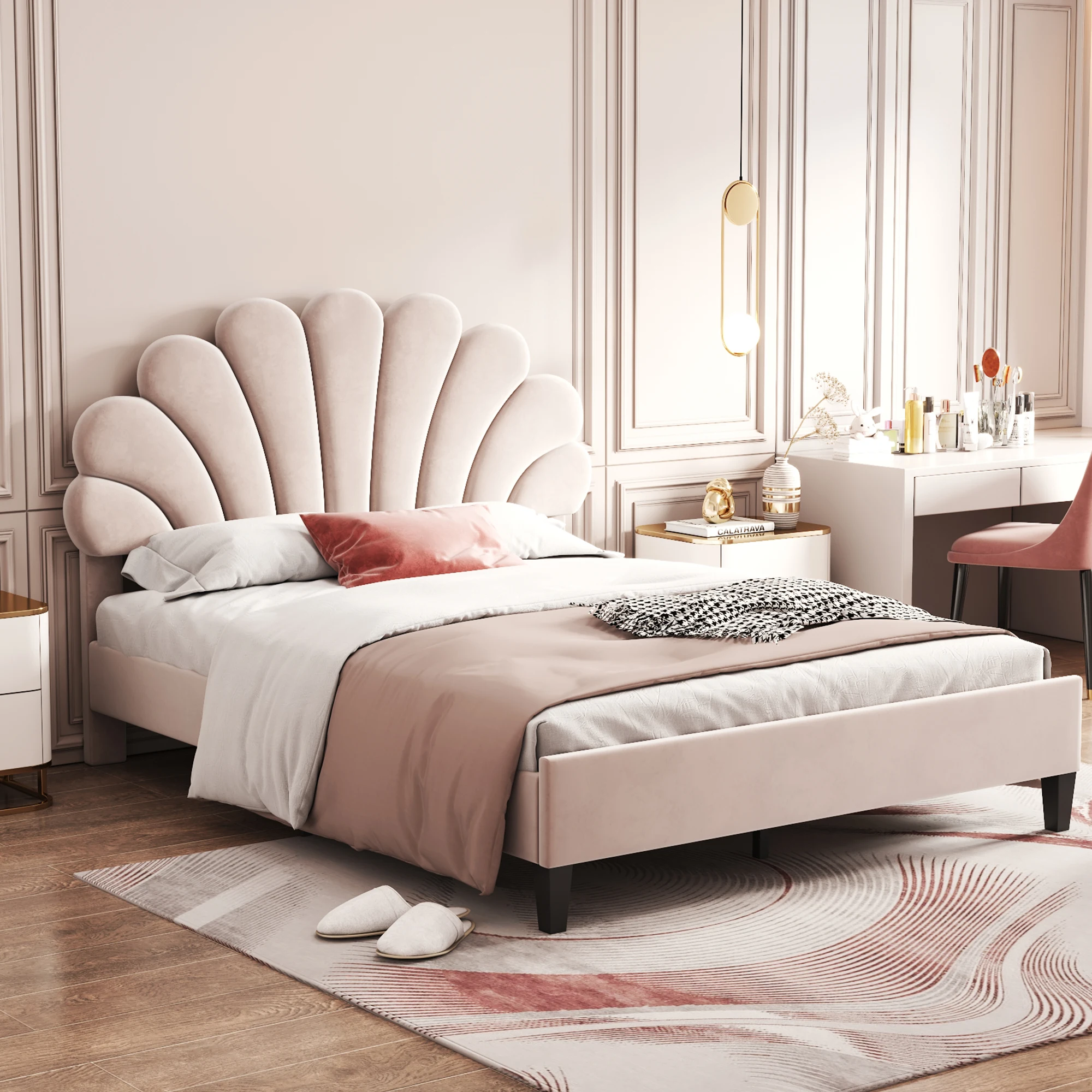 Erwachsenenbett 140x200 cm, Blumenkopfteil & Polsterung, für Zimmer, tägl. Komfort, Samt beige, ohne Matratze Image