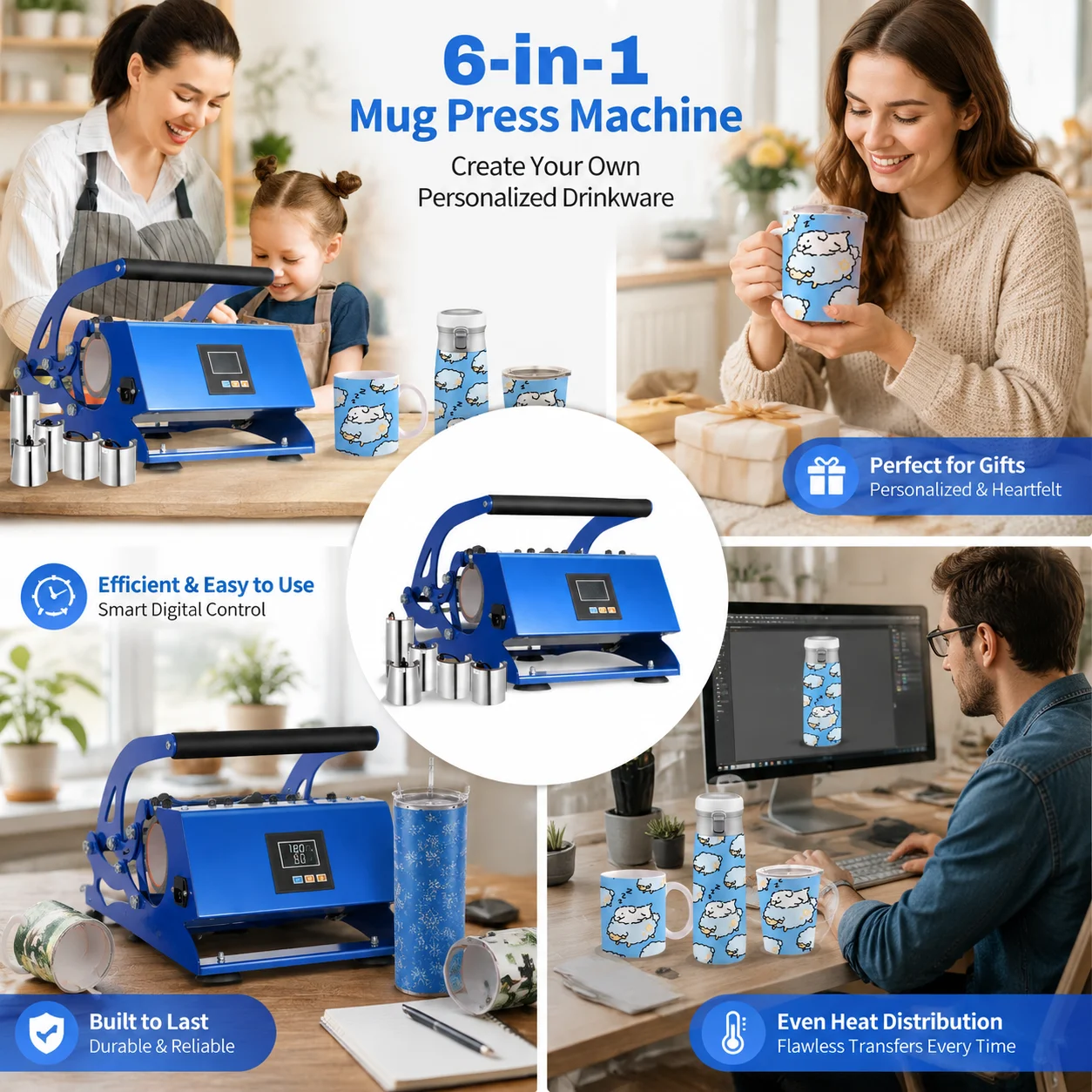 EU-Stecker 220V 500W 6-in-1 Horizontale Tassen-Heißpresse mit Digitalanzeige und Auto-Timer für 8/11/12/17/20/30 Unzen Untersetzer, Blau-Schwarz, Sublimations-Tassenpresse für DIY personalisierte Image