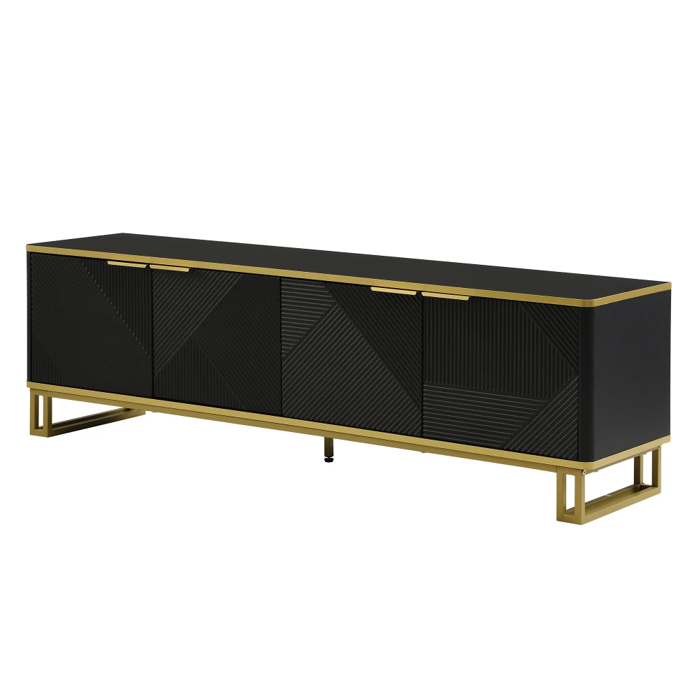 Meuble TV à texture géométrique, quatre portes, meuble TV bas, meuble TV à panneaux, 160x37,5x48 cm, design unique, centre de divertissement PINGGO