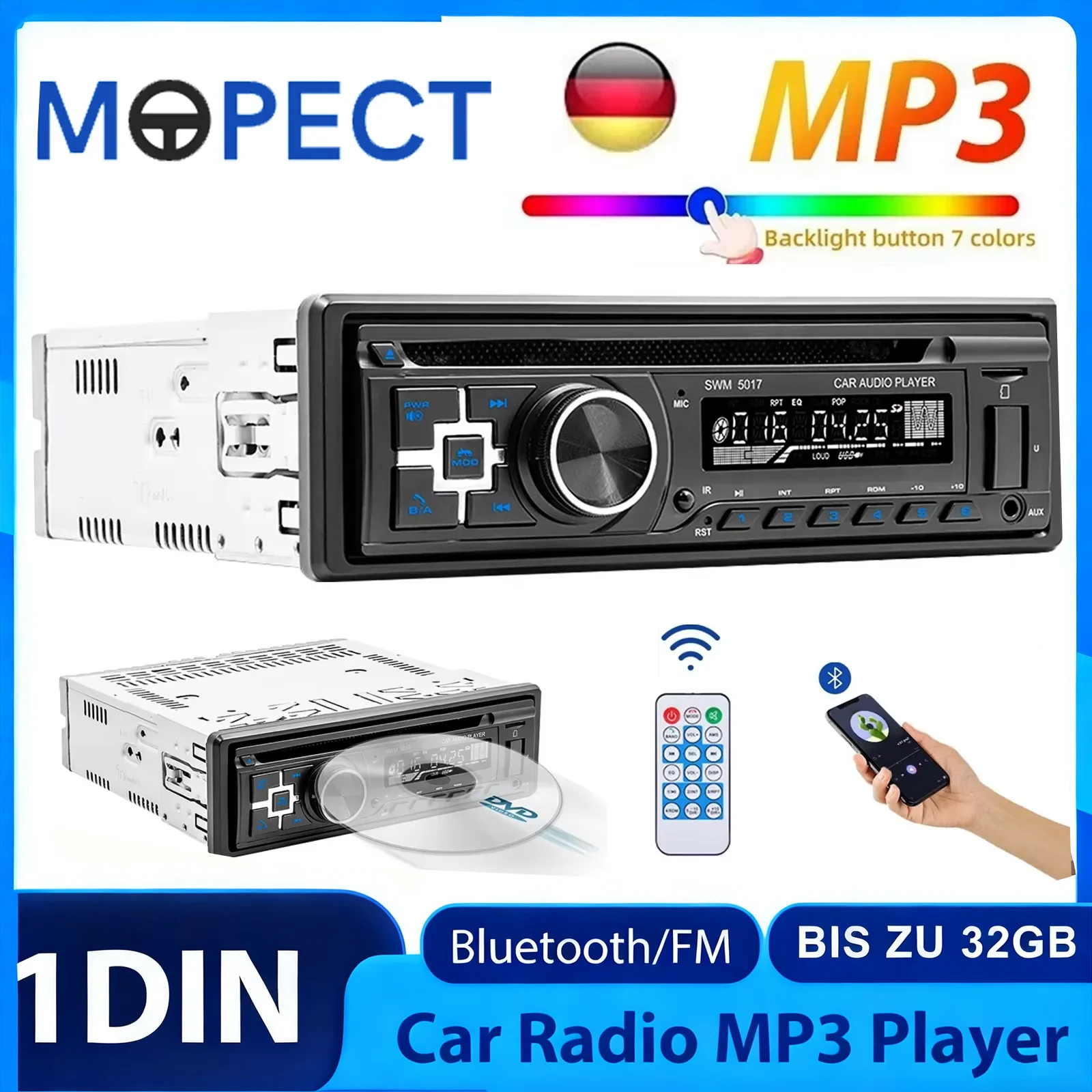 Autoradio universel 1 DIN CD DVD Lecteur MP3 BT/USB/SD/AUX-IN 12V Audio Intégré Radio FM Lecteur Multimédia