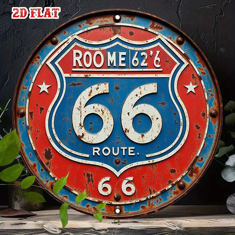 2D Flaches, 1-teiliges Vintage Route 66 Metallschild - Retro Aluminium-Wanddekoration mit Rot-Blauem Design, für Garage, Café oder Esszimmer