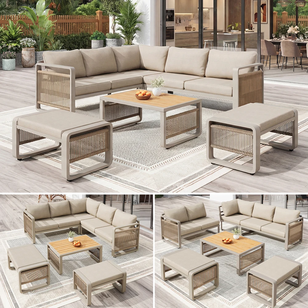 Garten-Lounge-Set, Möbelset für 6-7 Personen, handgewebtes Seil, wetterbeständige Eckmöbel & Eisen-Liegestuhl