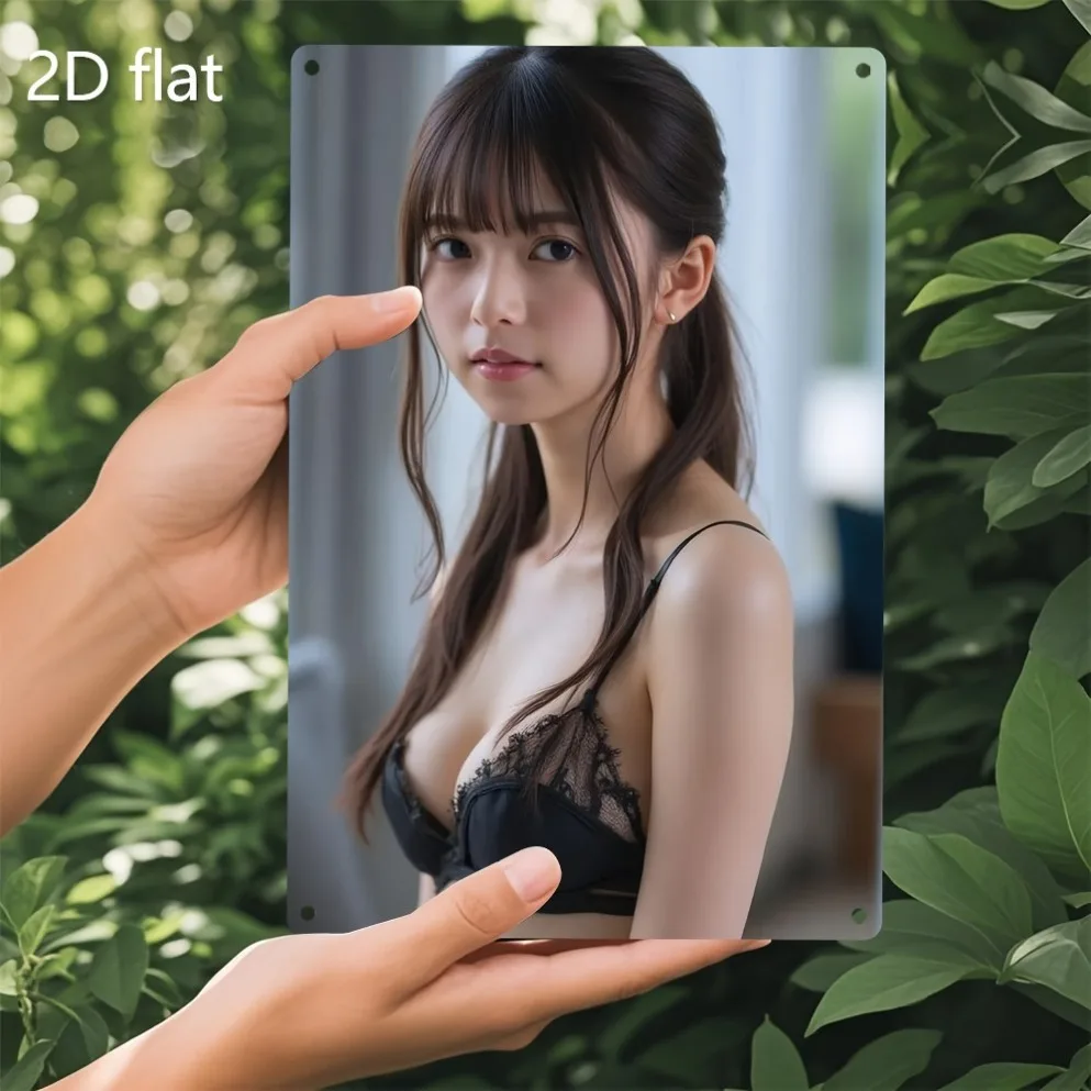 HD Metall-Wandkunst: Elegante asiatische Frau mit langen braunen Haaren und Pony in schwarzem Spitzen-BH mit zarten Blumenmustern auf Spitze