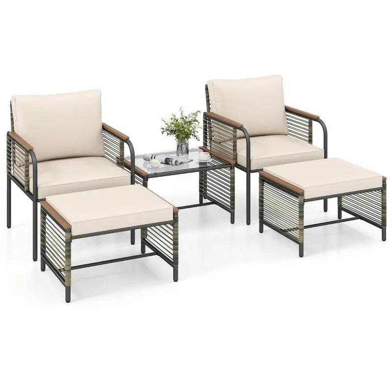 Rattan-Gartenmöbel-Set bestehend aus 2 Stühlen mit Kissen, Hocker & Tisch, Gartenmöbel-Set, Sitzgruppe, beige