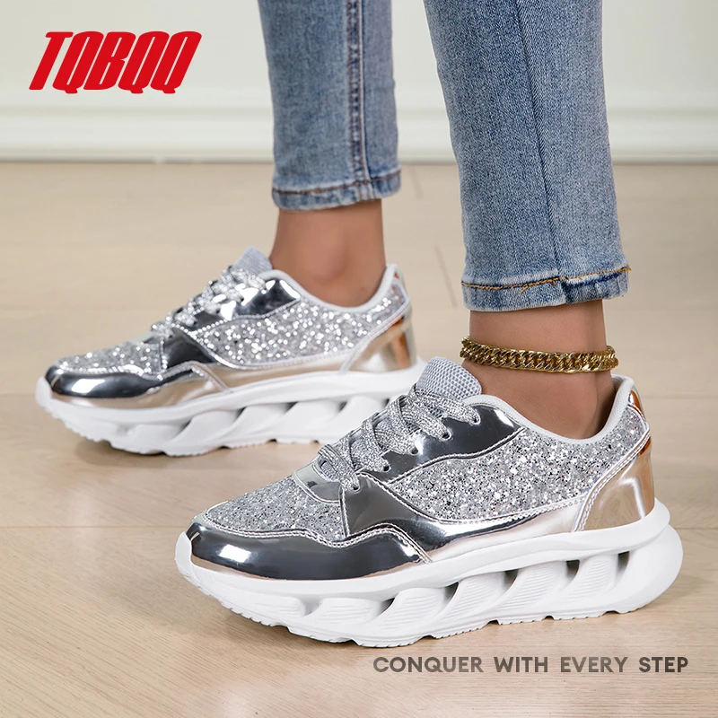 Damen Glitzer-Sneaker in Silber, Chunky-Design, Leichte und Bequeme Freizeitschuhe, Sportschuhe für Frauen, Walkingschuhe