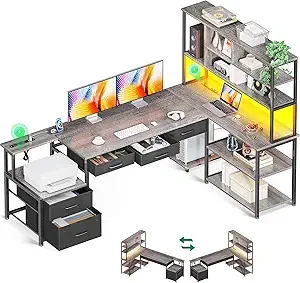 79-Zoll L-förmiger Schreibtisch mit Aktenschubladen, L-förmiger Gaming-Schreibtisch mit Steckdosen & LED-Beleuchtung, Computertisch mit Ständer Image