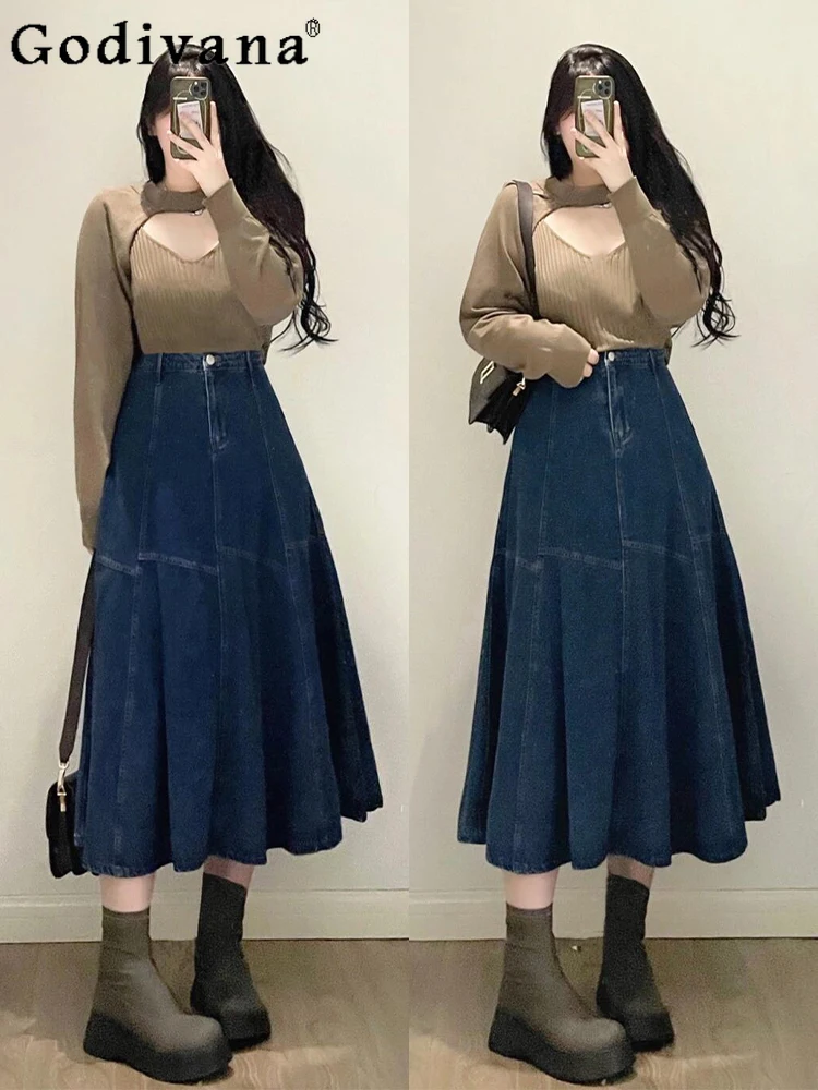 Große Größe Mädchen Koreanische Hohe Taille Blau Lose A-linie Denim Rock 2025, Sommer Neue Modische Vielseitige Alter-reduzierung Lange röcke